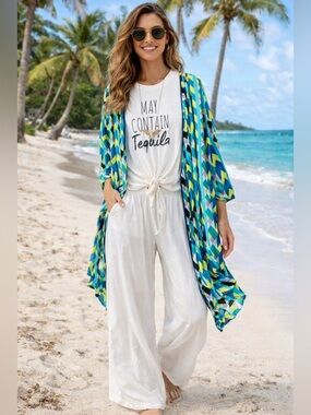 CURATIONS HSN CHEVRON POM POM TRIM SWIM COVER-UP DUSTER TOPPER